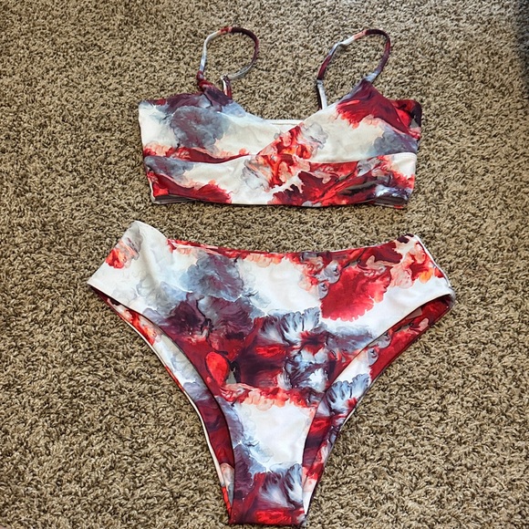 ROMWE Womens Bikini Swimsuit Size Small Red Black Tie Dye Split Thigh High Beach - Picture 1 of 5